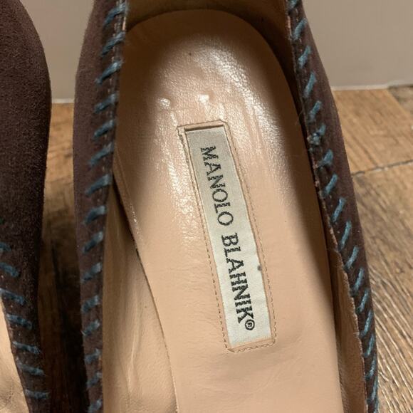 ▪️SOLD▪️Manolo Blahnik Chocolate Brown Suede -Peep TOE -Blue Lacing  39 1/2 M - Picture 6 of 15